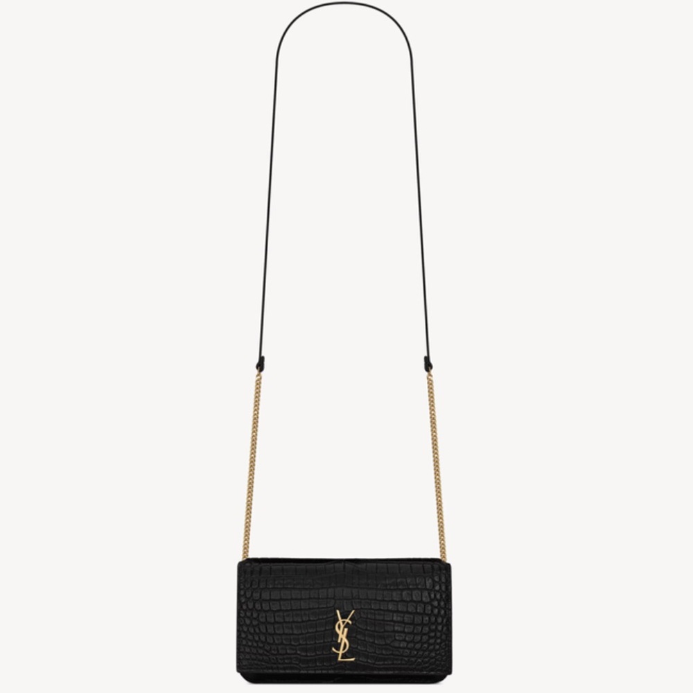 SAINT LAURENT CASSANDRE PHONE HOLDER IN SHINY CROCODILE-EMBOSSED LEATHER